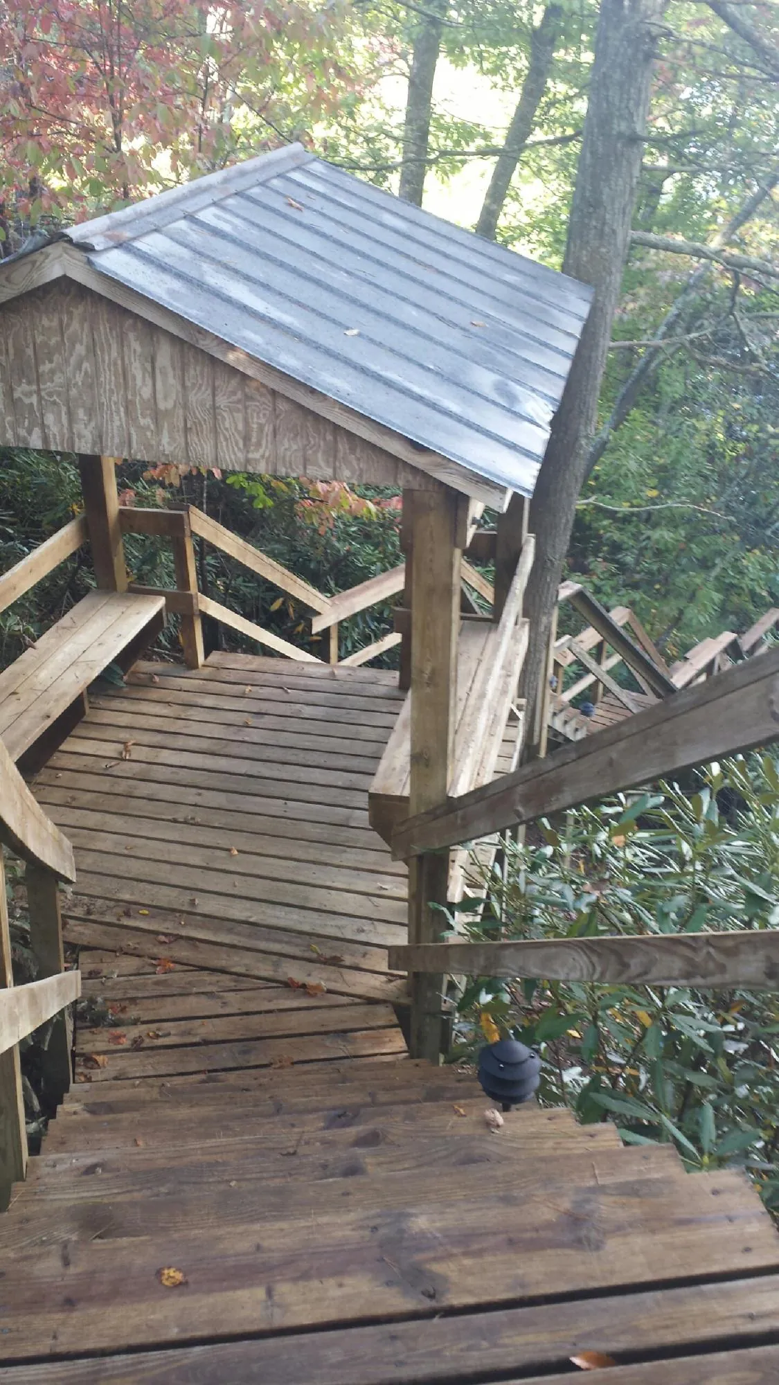 Metal roofed shelter over wooden steps on a wooded walkway — Skylight Repair & Installation work by our crew in Willow